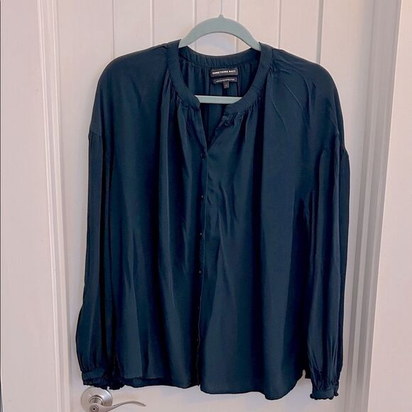 Something Navy Button Front Blouse Viscose Size Large Navy Blue - Picture 1 of 7